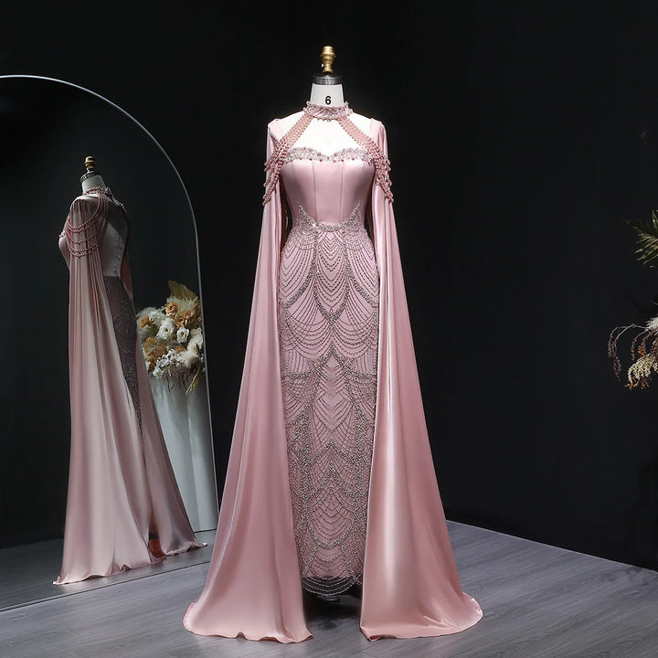 Luxury Pink Beaded Evening Dress with Cape Sleeves SS662