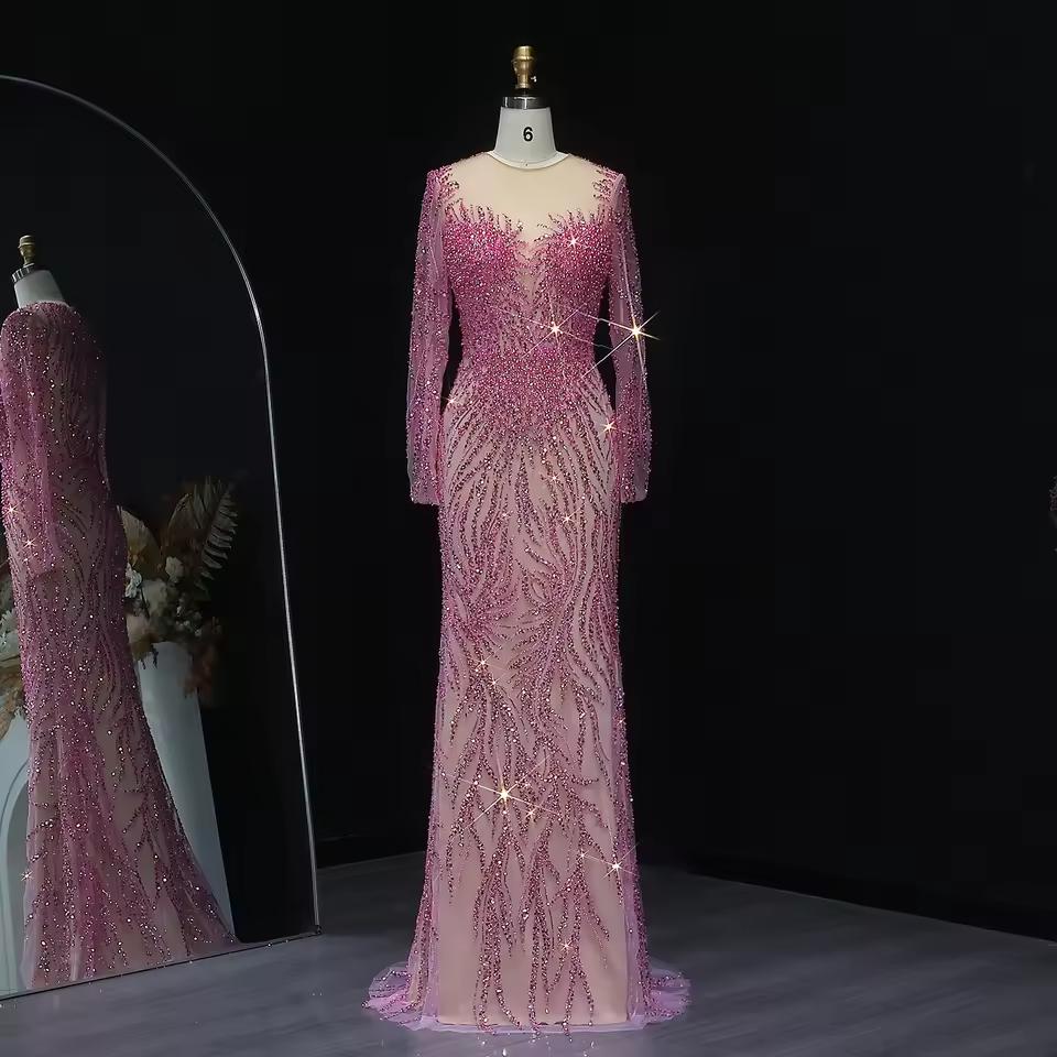 Luxury Dubai White Nude Mermaid Evening Dresses Long Sleeve SS684