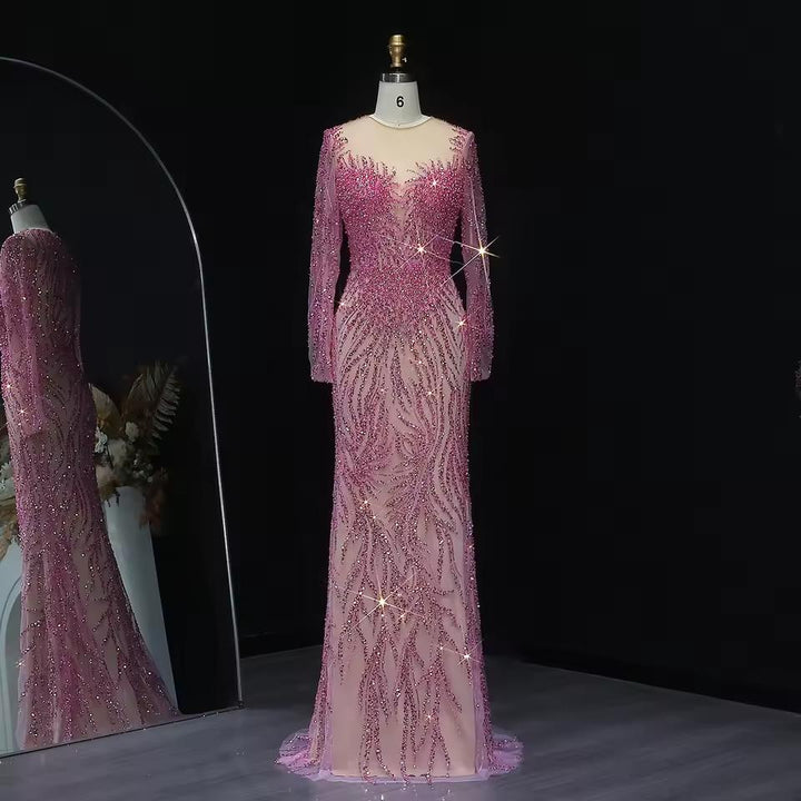 Luxury Dubai White Nude Mermaid Evening Dresses Long Sleeve SS684