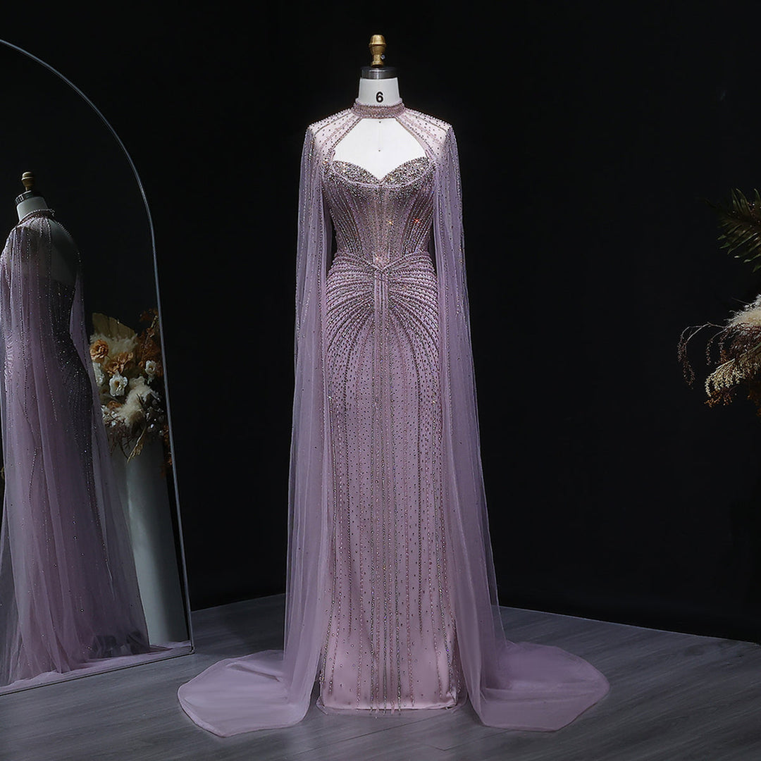 Shimmering Beaded Evening Dress with Cape Train SS156