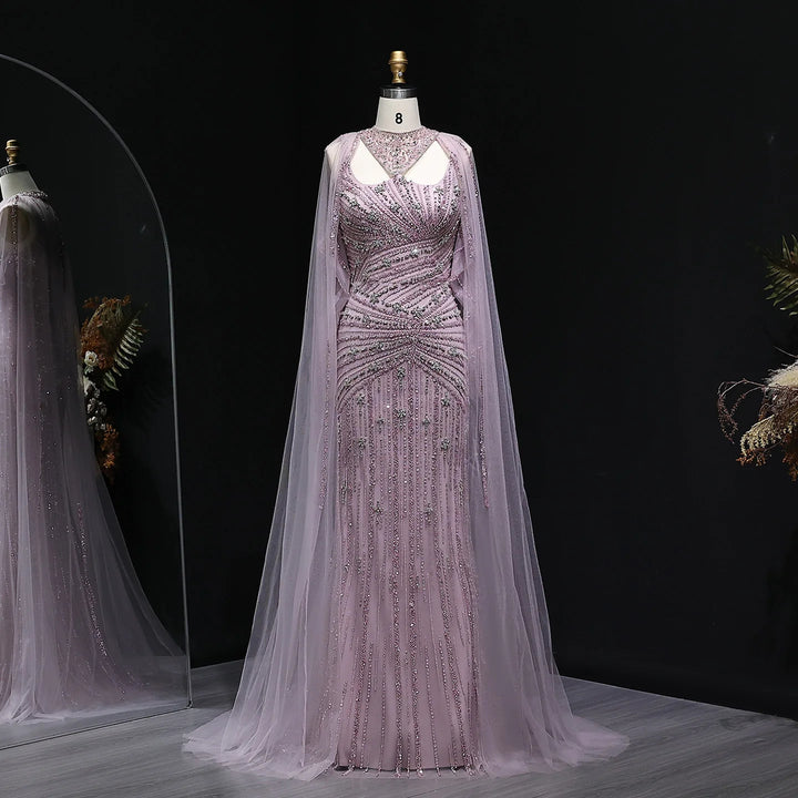 Elegant Beaded Mermaid Evening Dress with Cape Sleeves SS149