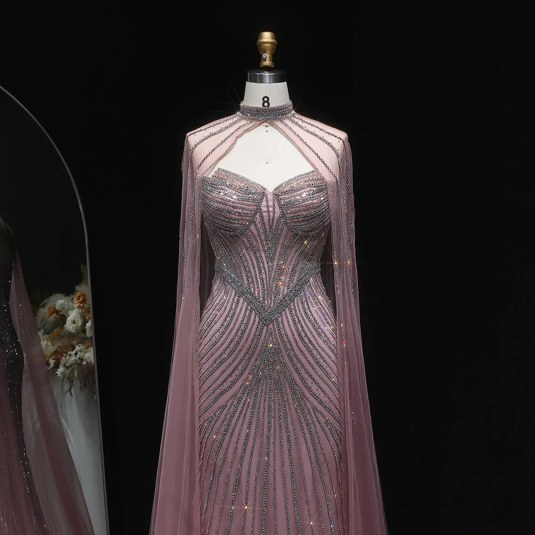 Elegant Pink Mermaid Evening Dress with Crystals Cape SS017