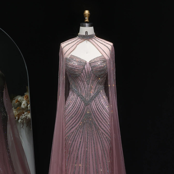 Elegant Pink Mermaid Evening Dress with Crystals Cape SS017