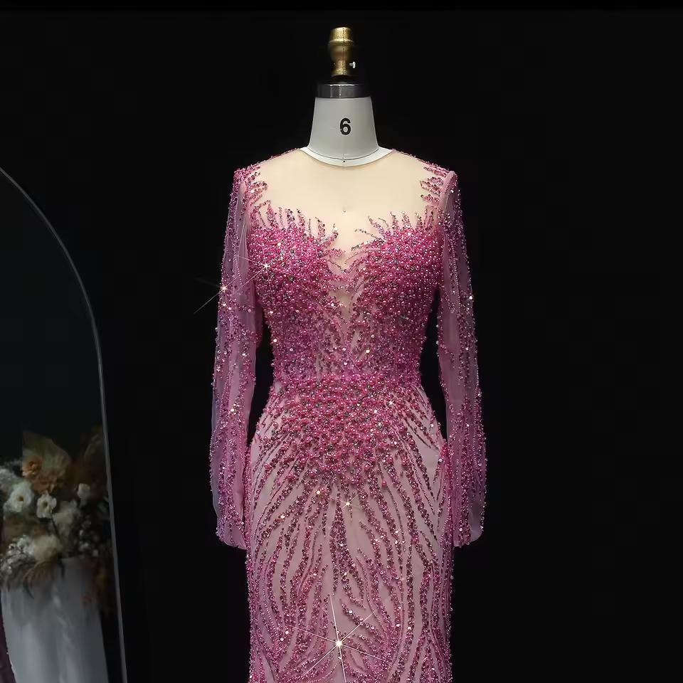 Luxury Dubai White Nude Mermaid Evening Dresses Long Sleeve SS684