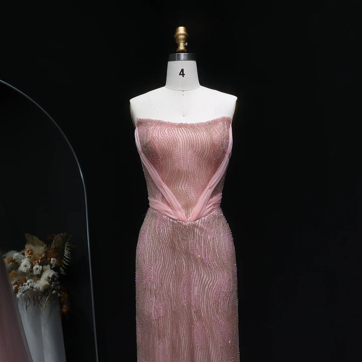 Romantic Pink Mermaid Evening Dress with Sparkling Beads and Overskirt SS023