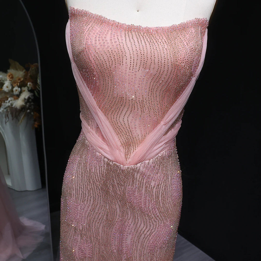 Romantic Pink Mermaid Evening Dress with Sparkling Beads and Overskirt SS023