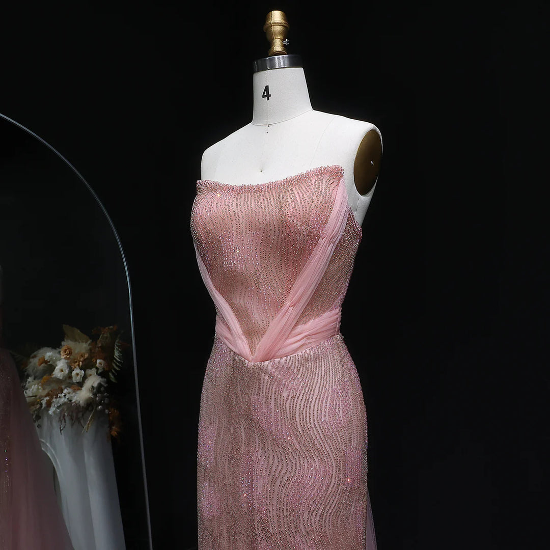 Romantic Pink Mermaid Evening Dress with Sparkling Beads and Overskirt SS023