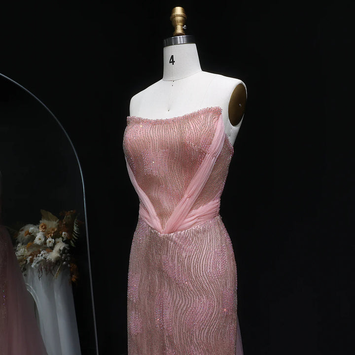 Romantic Pink Mermaid Evening Dress with Sparkling Beads and Overskirt SS023