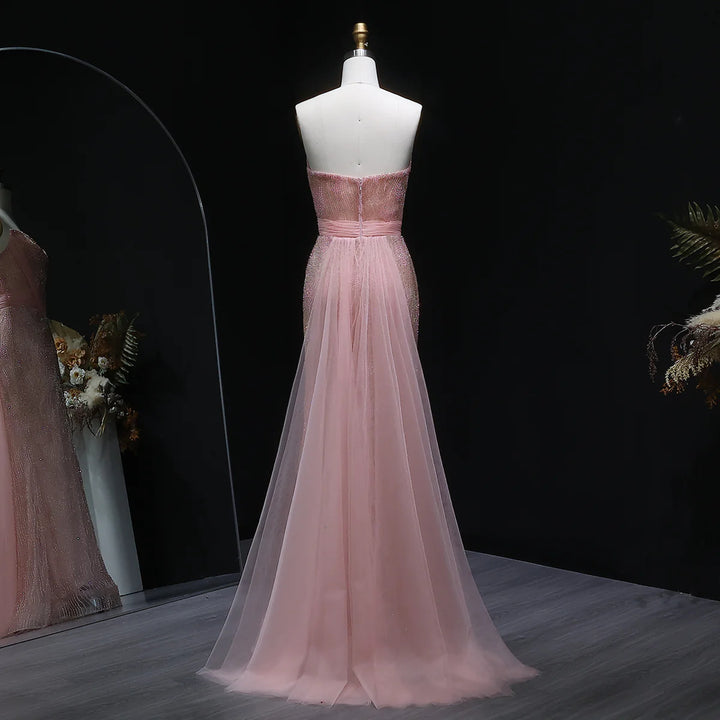 Romantic Pink Mermaid Evening Dress with Sparkling Beads and Overskirt SS023