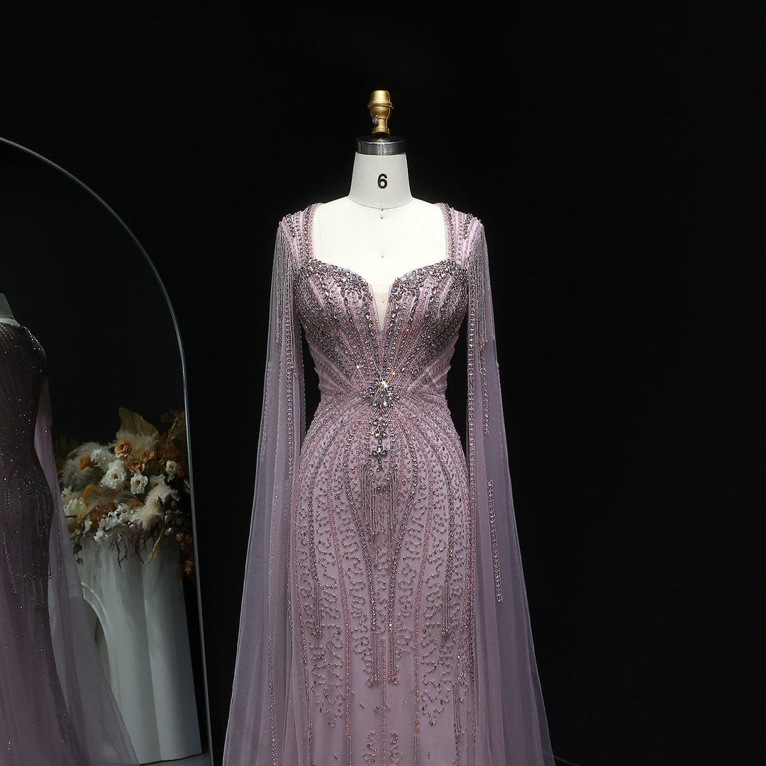 Sophisticated Evening Dress with Sheer Cape Sleeves SS024