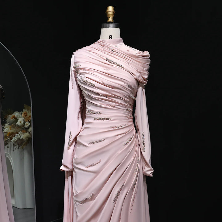 Elegant Pink Mermaid Evening Dress with Sparkling Beads and Ruffled Layers SS412