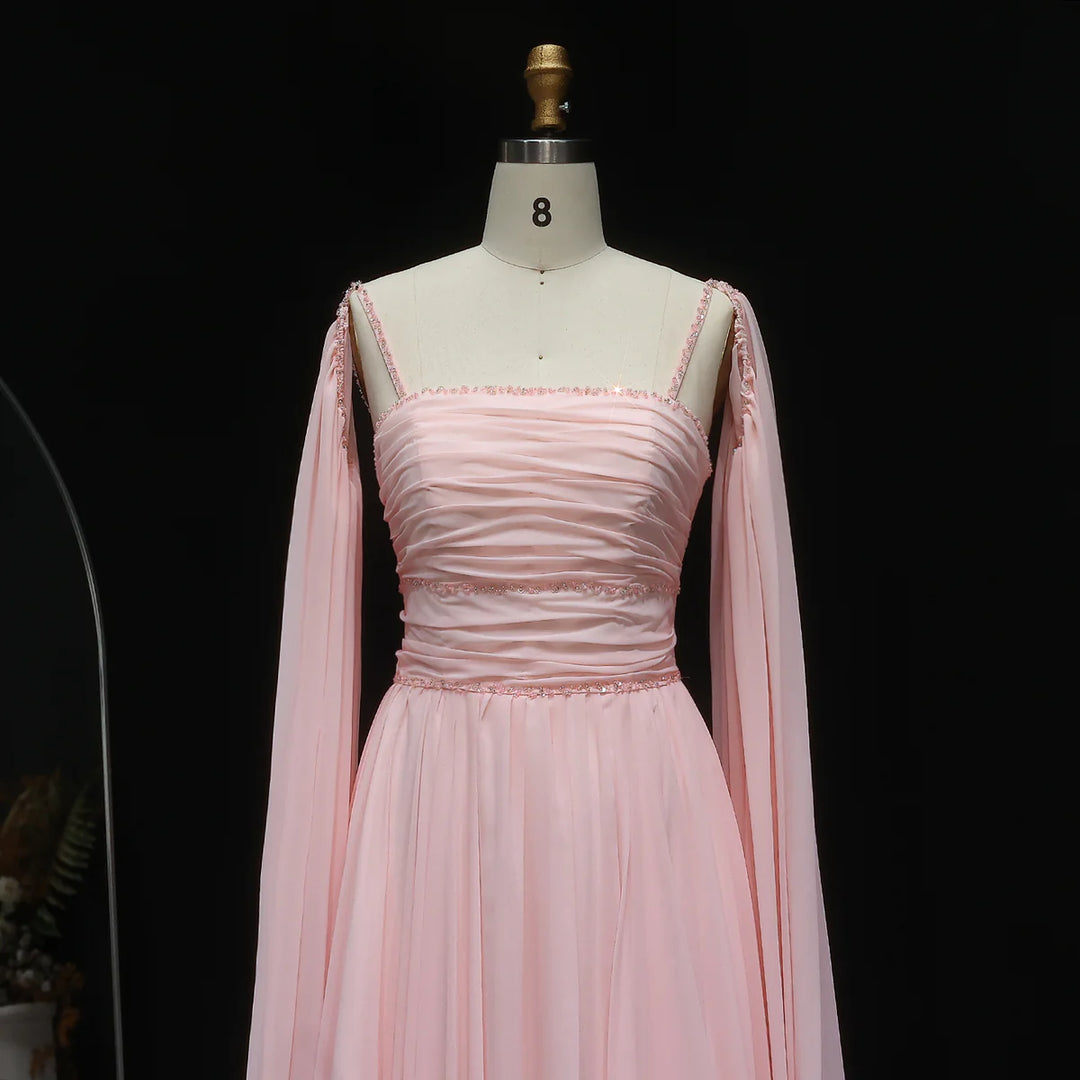 Elegant Pink Chiffon Evening Dress with Flowing Cape Sleeves SF188