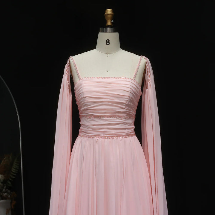 Elegant Pink Chiffon Evening Dress with Flowing Cape Sleeves SF188