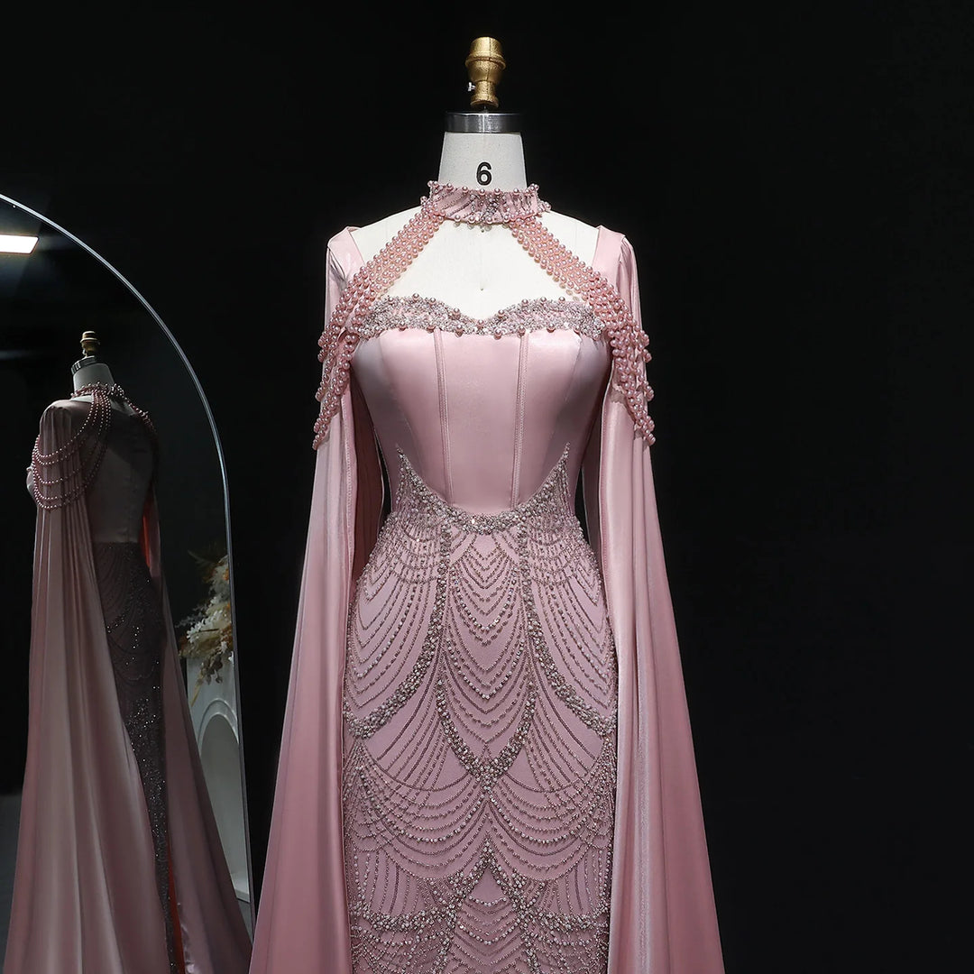 Luxury Pink Beaded Evening Dress with Cape Sleeves SS662