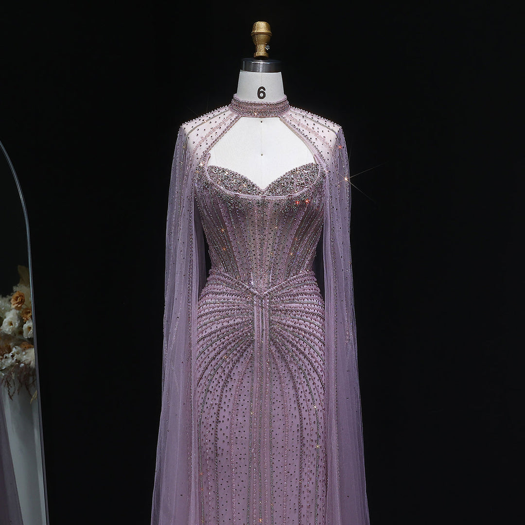 Shimmering Beaded Evening Dress with Cape Train SS156