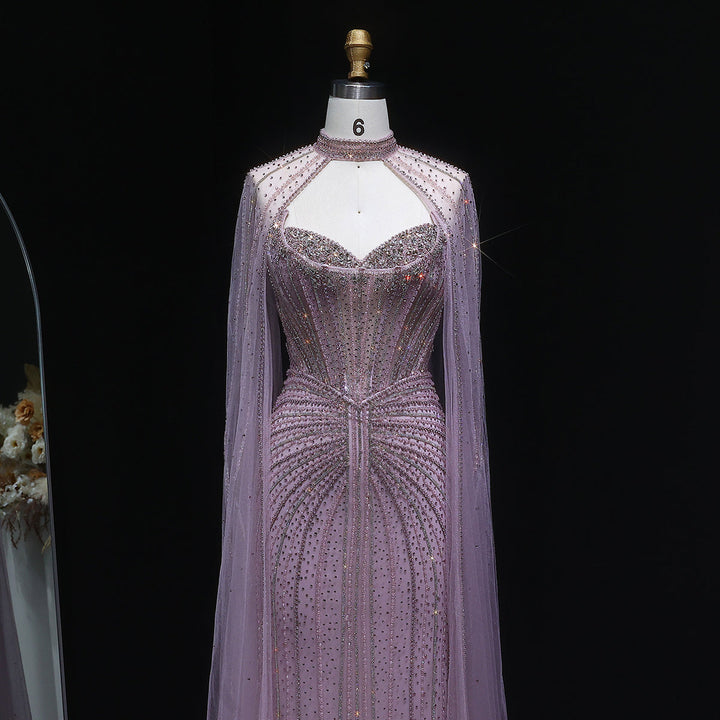 Shimmering Beaded Evening Dress with Cape Train SS156