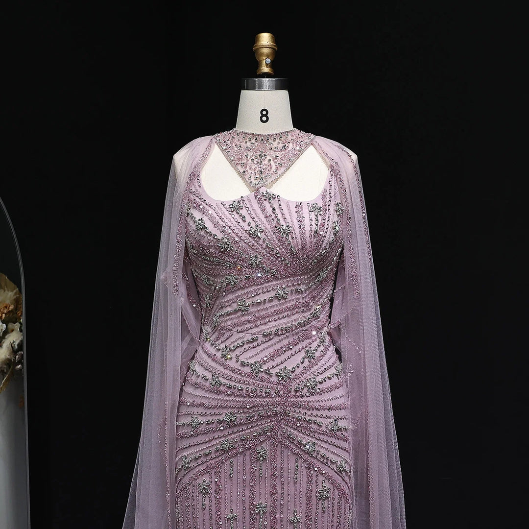 Elegant Beaded Mermaid Evening Dress with Cape Sleeves SS149