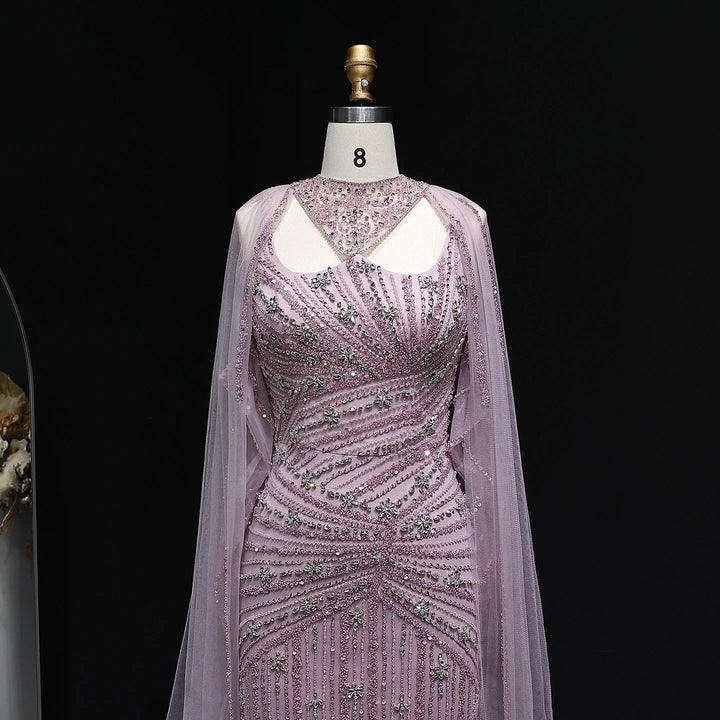 Elegant Beaded Mermaid Evening Dress with Cape Sleeves SS149