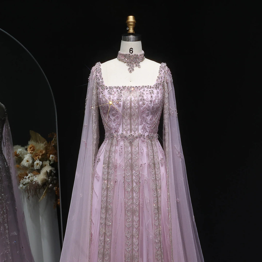 Luxury Nude Evening Dress with Cape Sleeves Chocker SS543