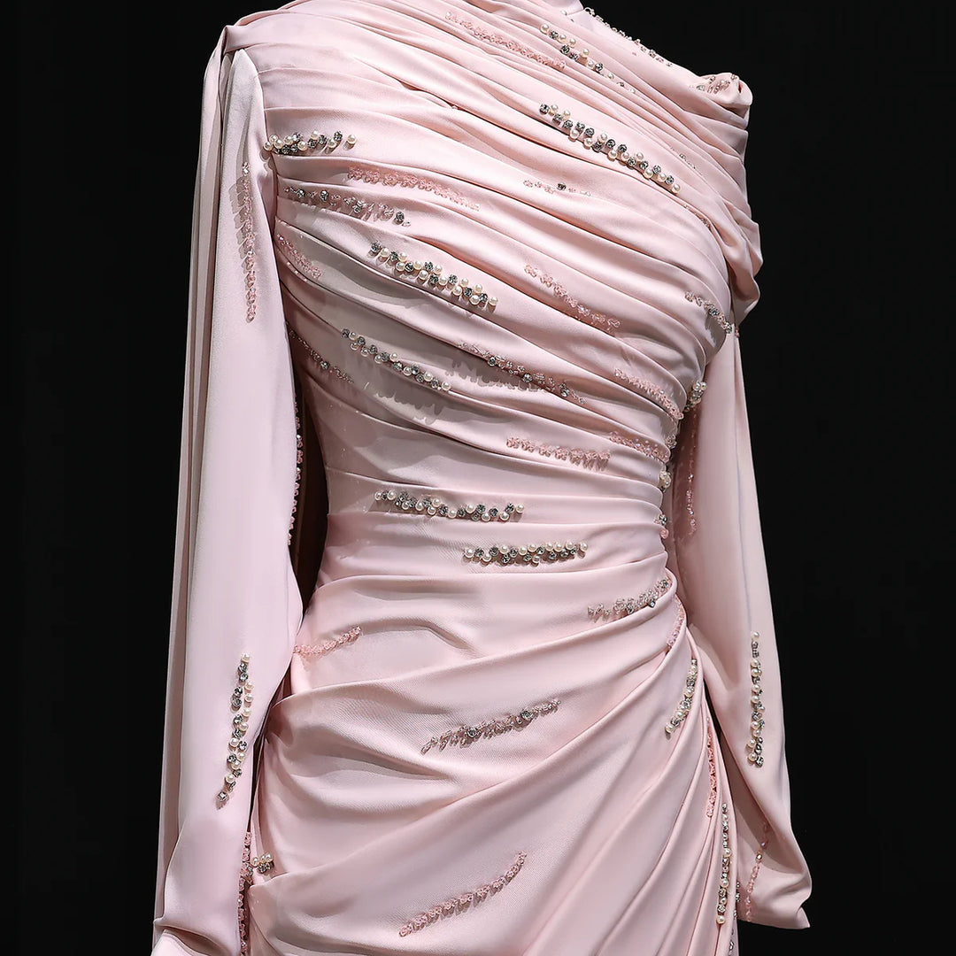 Elegant Pink Mermaid Evening Dress with Sparkling Beads and Ruffled Layers SS412