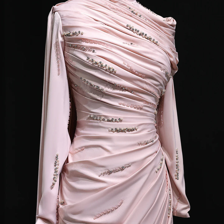Elegant Pink Mermaid Evening Dress with Sparkling Beads and Ruffled Layers SS412