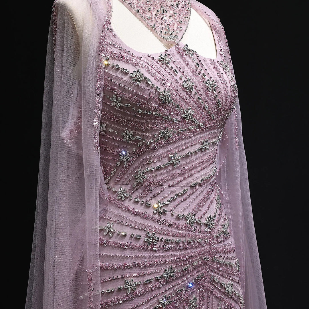 Elegant Beaded Mermaid Evening Dress with Cape Sleeves SS149