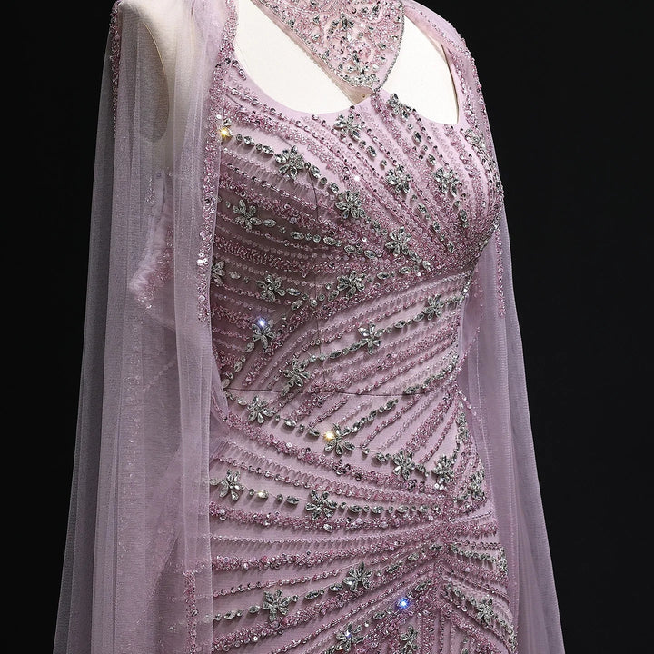 Elegant Beaded Mermaid Evening Dress with Cape Sleeves SS149