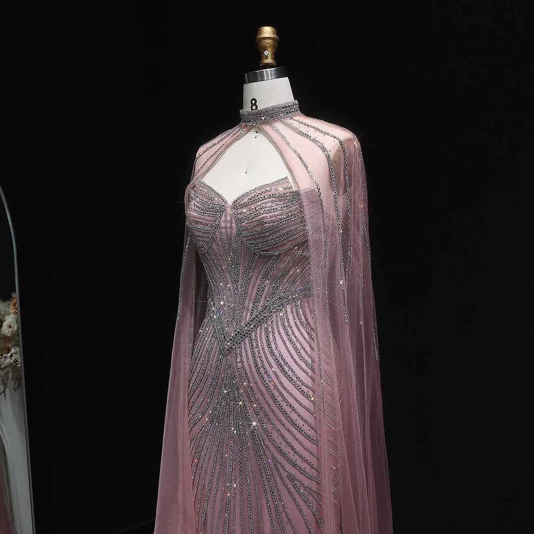Elegant Pink Mermaid Evening Dress with Crystals Cape SS017