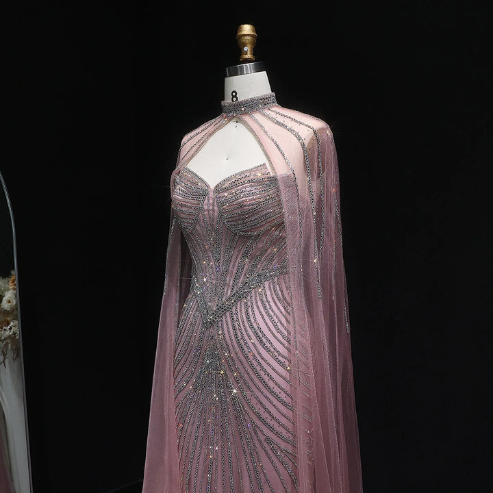 Elegant Pink Mermaid Evening Dress with Crystals Cape SS017