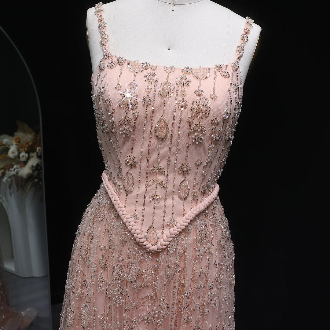 Elegant Sage Green Luxury Evening Dress with Spaghetti Straps SS693