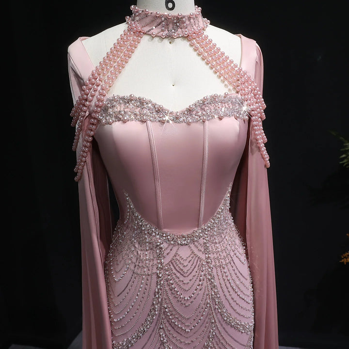 Luxury Pink Beaded Evening Dress with Cape Sleeves SS662