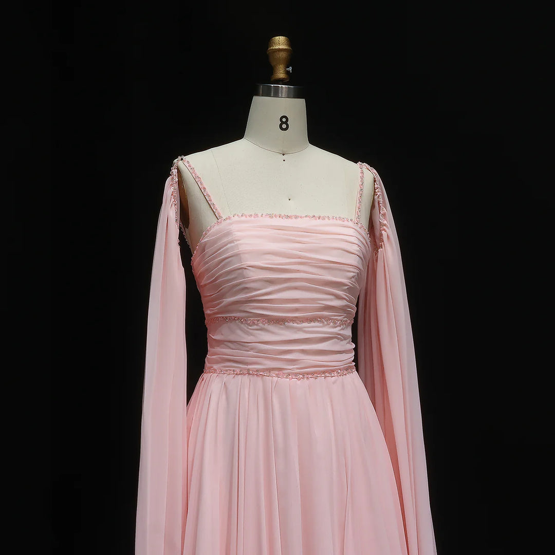 Elegant Pink Chiffon Evening Dress with Flowing Cape Sleeves SF188