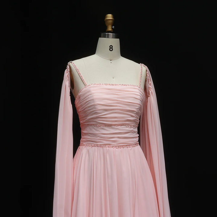 Elegant Pink Chiffon Evening Dress with Flowing Cape Sleeves SF188