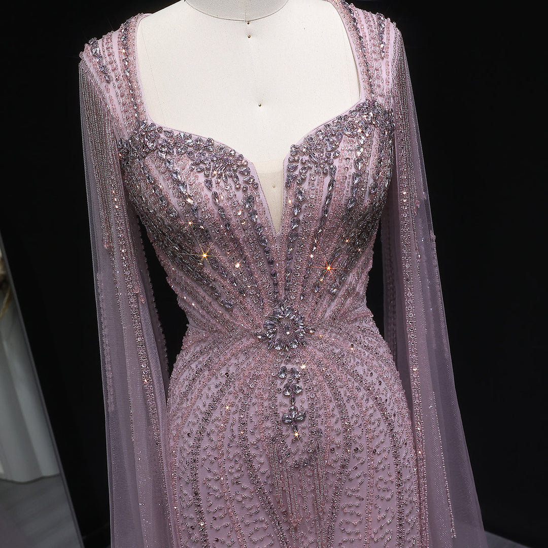 Sophisticated Evening Dress with Sheer Cape Sleeves SS024