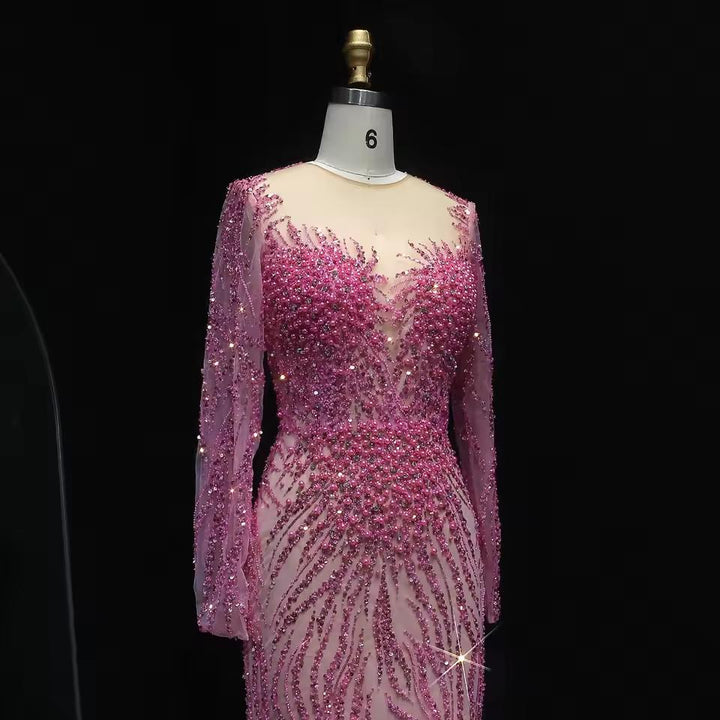 Luxury Dubai White Nude Mermaid Evening Dresses Long Sleeve SS684