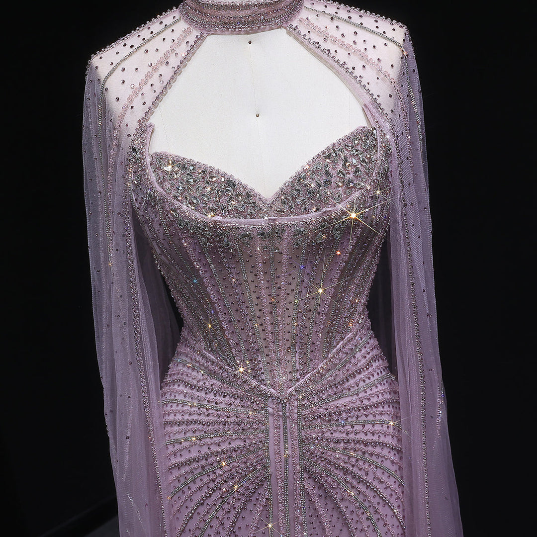 Shimmering Beaded Evening Dress with Cape Train SS156