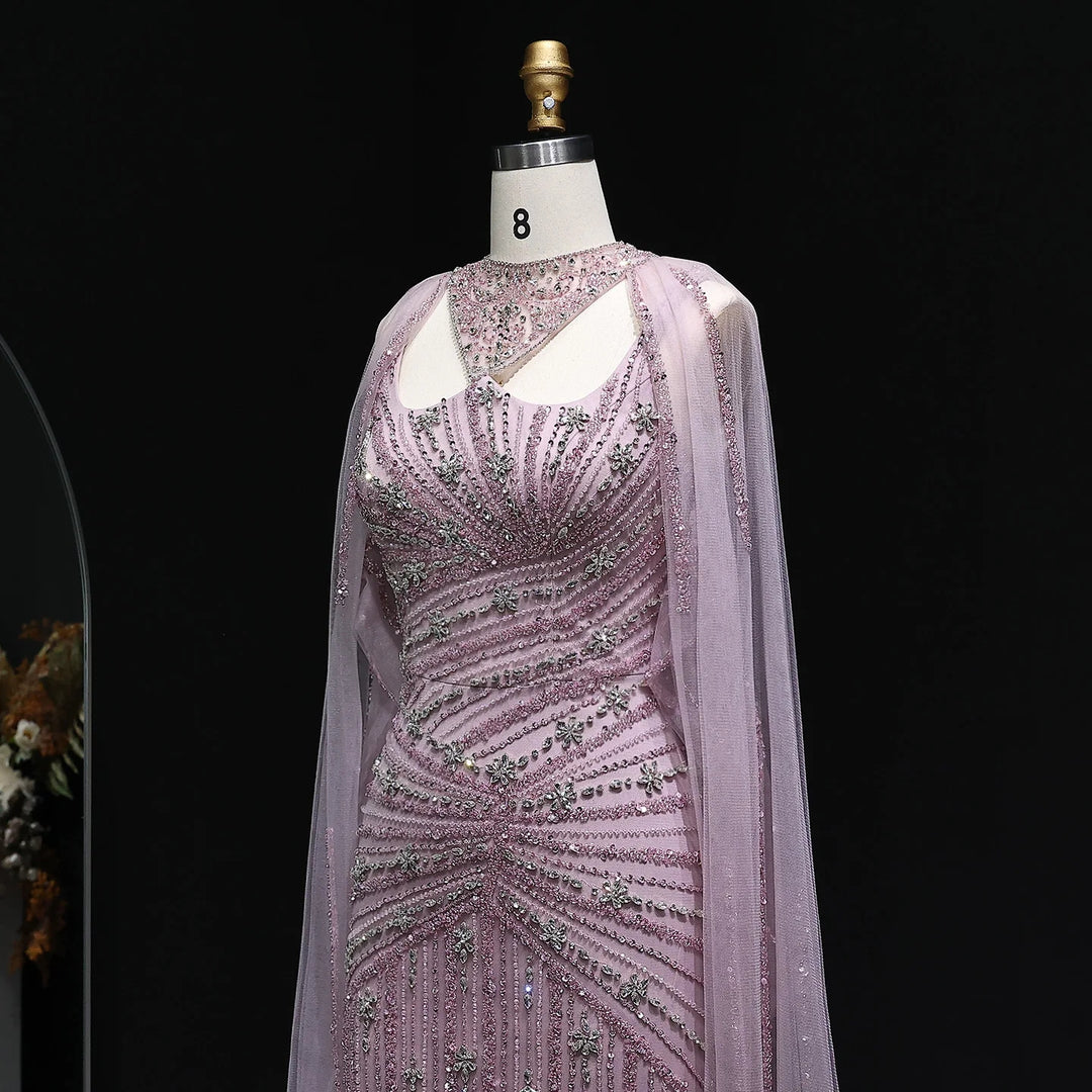 Elegant Beaded Mermaid Evening Dress with Cape Sleeves SS149