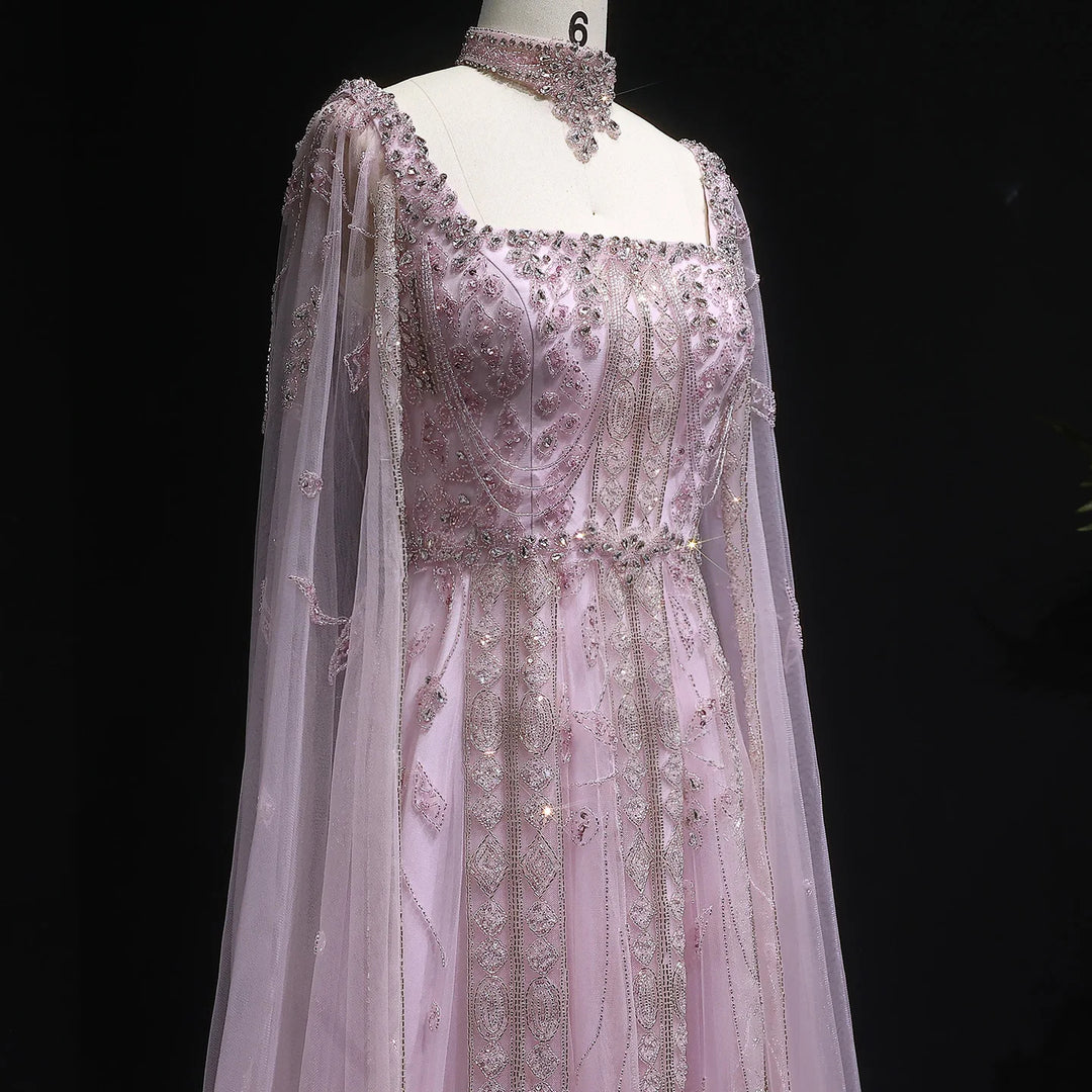 Luxury Nude Evening Dress with Cape Sleeves Chocker SS543