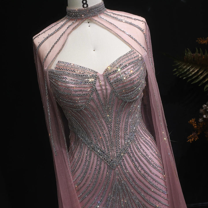 Elegant Pink Mermaid Evening Dress with Crystals Cape SS017