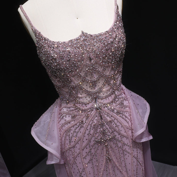 Glamorous Champagne Evening Dress with Layered Overskirt SS026