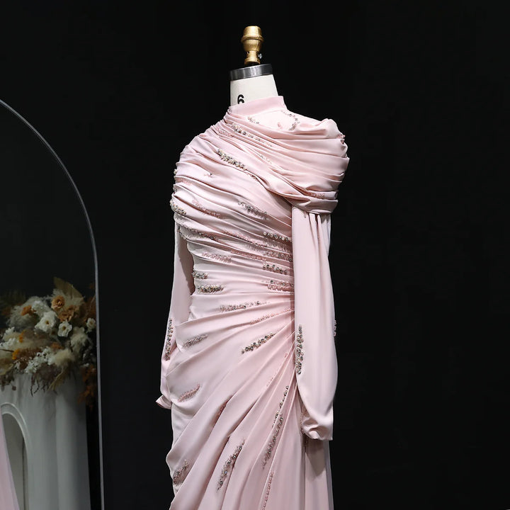 Elegant Pink Mermaid Evening Dress with Sparkling Beads and Ruffled Layers SS412
