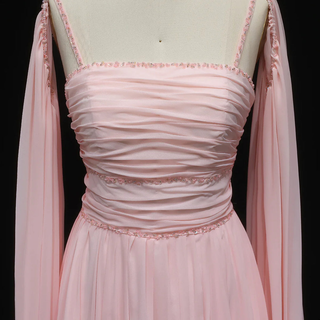 Elegant Pink Chiffon Evening Dress with Flowing Cape Sleeves SF188