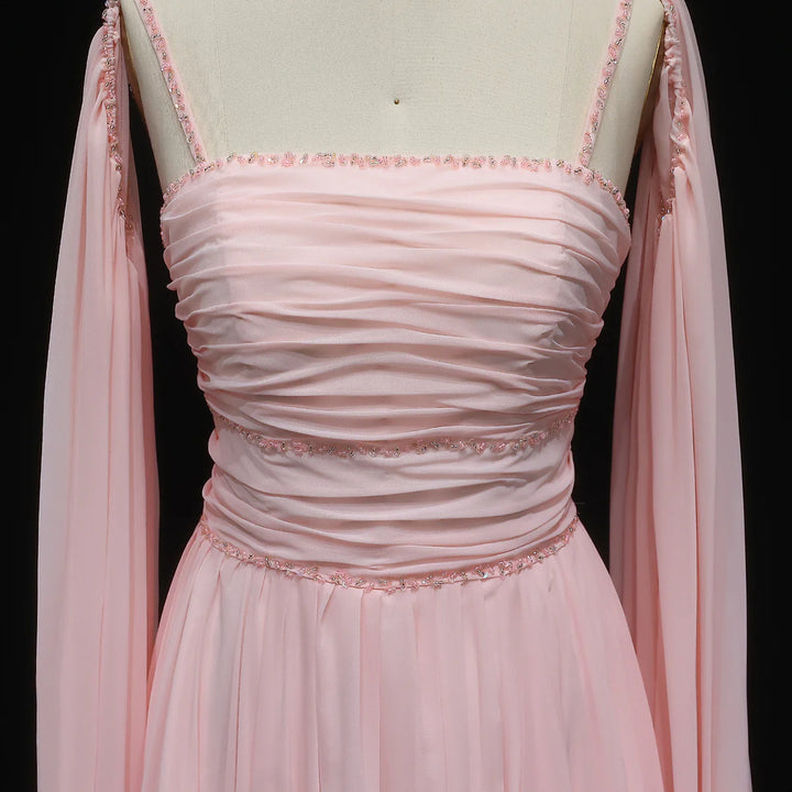 Elegant Pink Chiffon Evening Dress with Flowing Cape Sleeves SF188