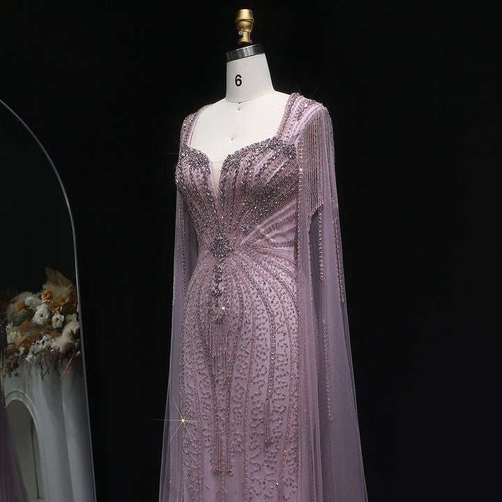 Sophisticated Evening Dress with Sheer Cape Sleeves SS024