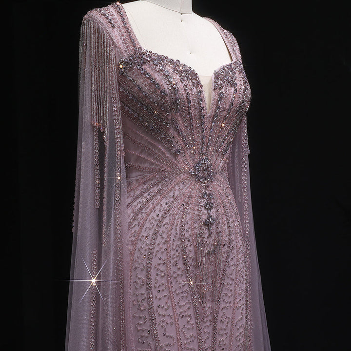 Sophisticated Evening Dress with Sheer Cape Sleeves SS024