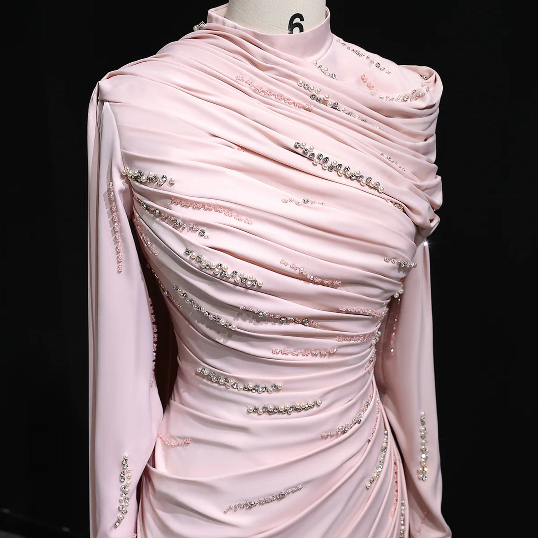Elegant Pink Mermaid Evening Dress with Sparkling Beads and Ruffled Layers SS412