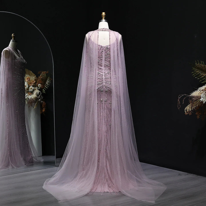 Elegant Beaded Mermaid Evening Dress with Cape Sleeves SS149