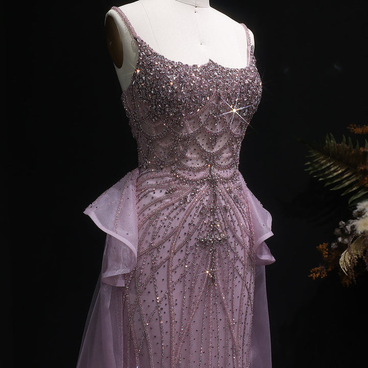 Glamorous Champagne Evening Dress with Layered Overskirt SS026