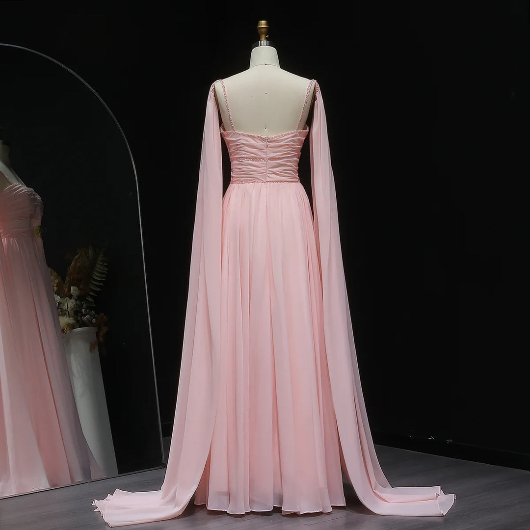 Elegant Pink Chiffon Evening Dress with Flowing Cape Sleeves SF188