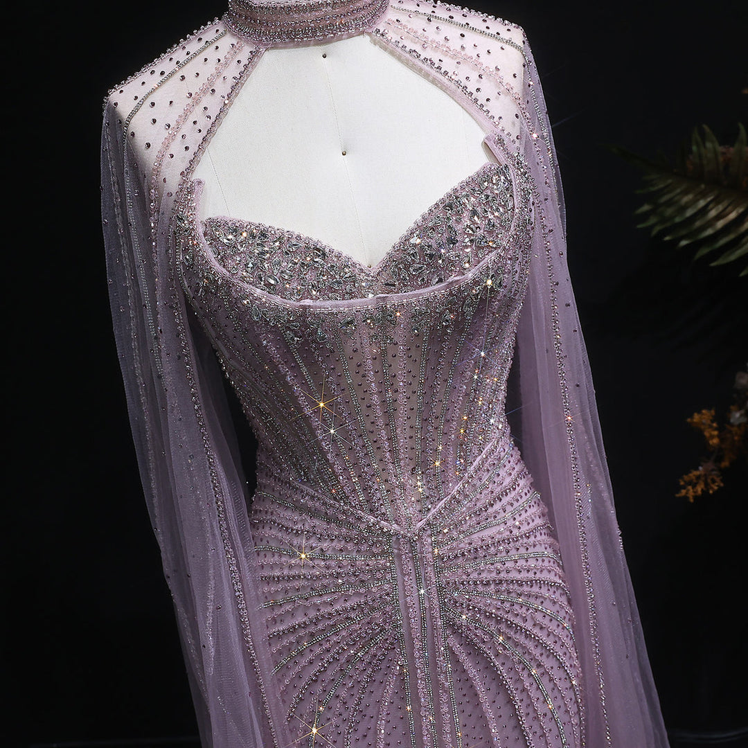 Shimmering Beaded Evening Dress with Cape Train SS156